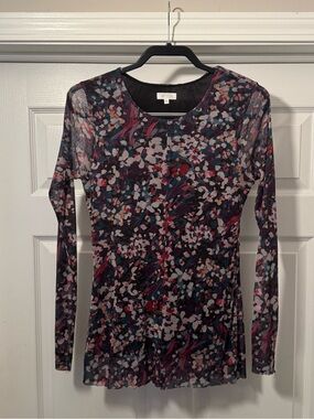 Sheer Long-Sleeve Floral Print Top - Purple Multi